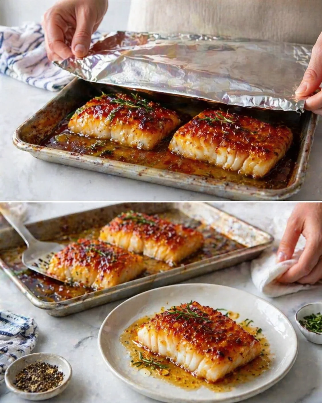 Two glazed cod fillets in a roasting pan with rosemary, foil being lifted.