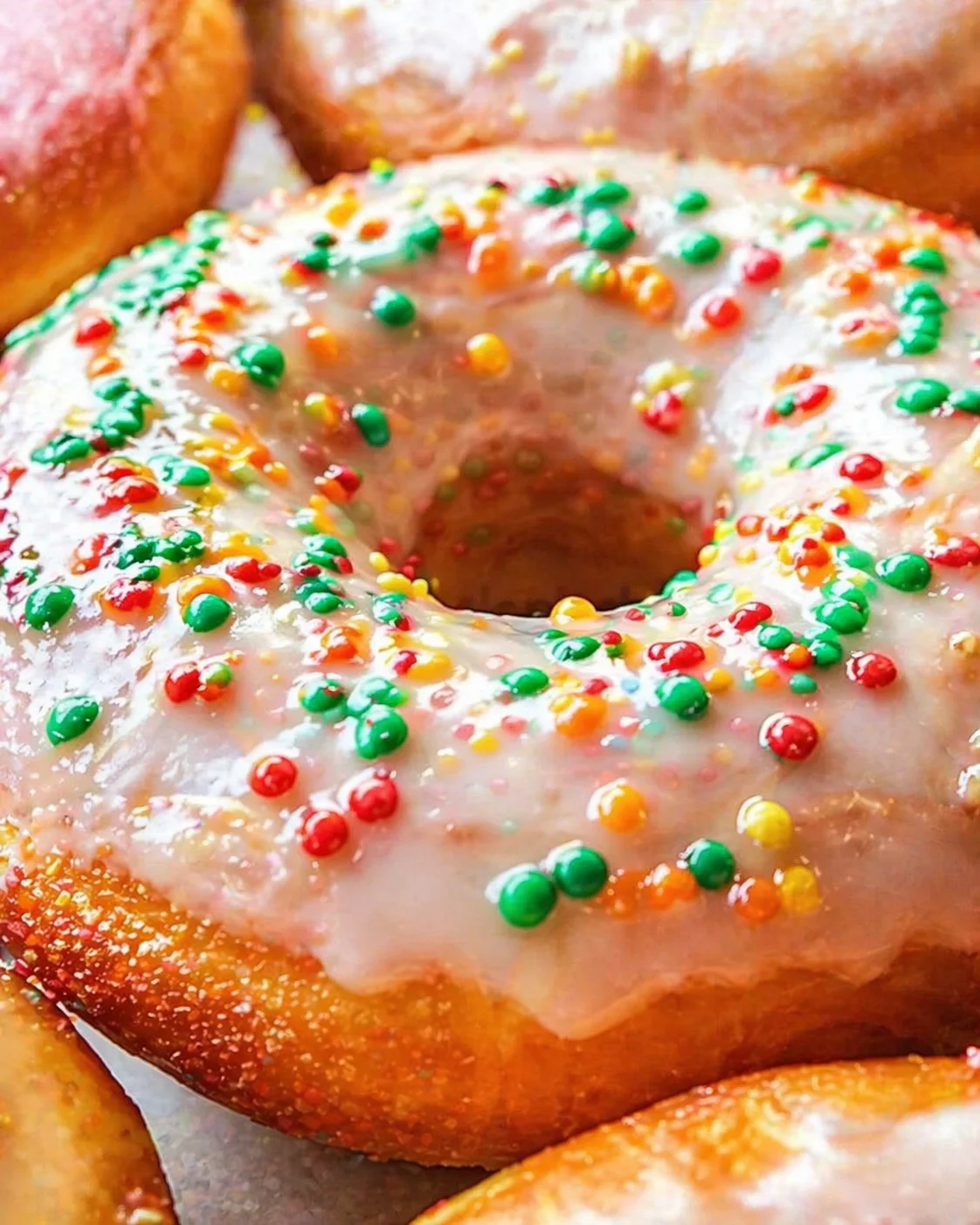 close-up of a ring-shaped donut with white glaze and colorful sprinkles on top.