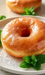 Shiny glazed donut on a plate with mint leaves and powdered sugar specks