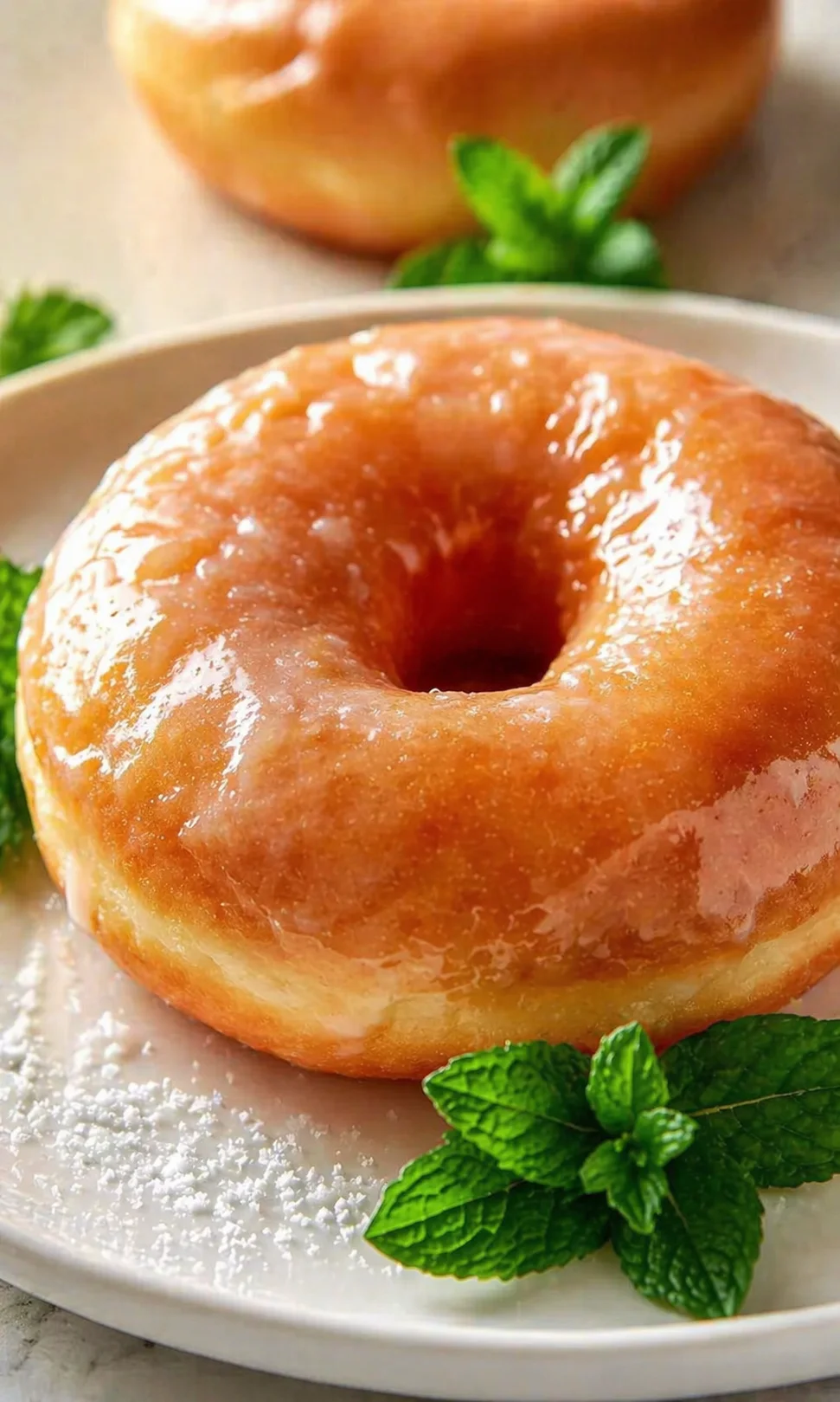 Shiny glazed donut on a plate with mint leaves and powdered sugar specks