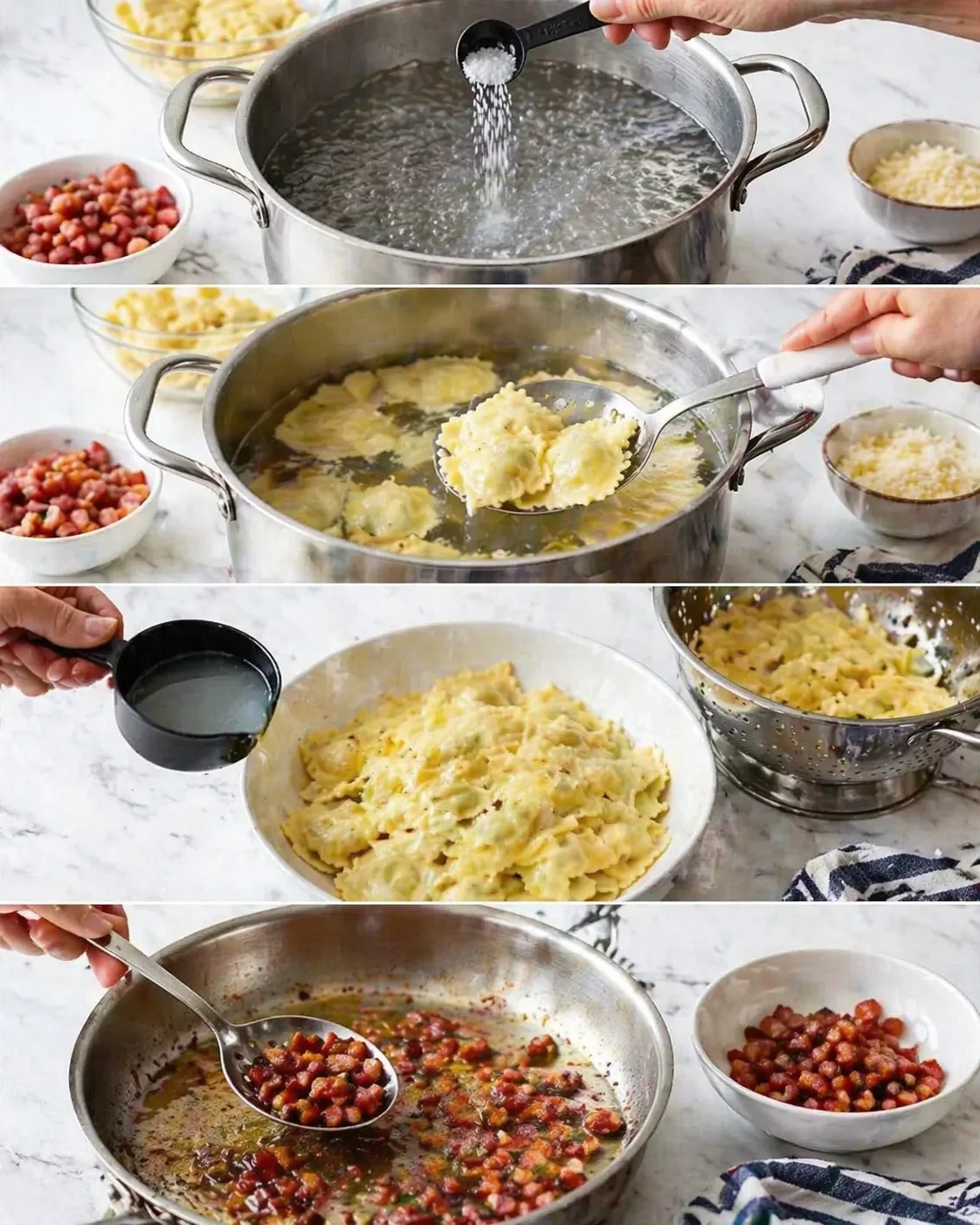 four-panel collage of gnocchi being boiled, scooped, and finished in tomato-butter sauce.