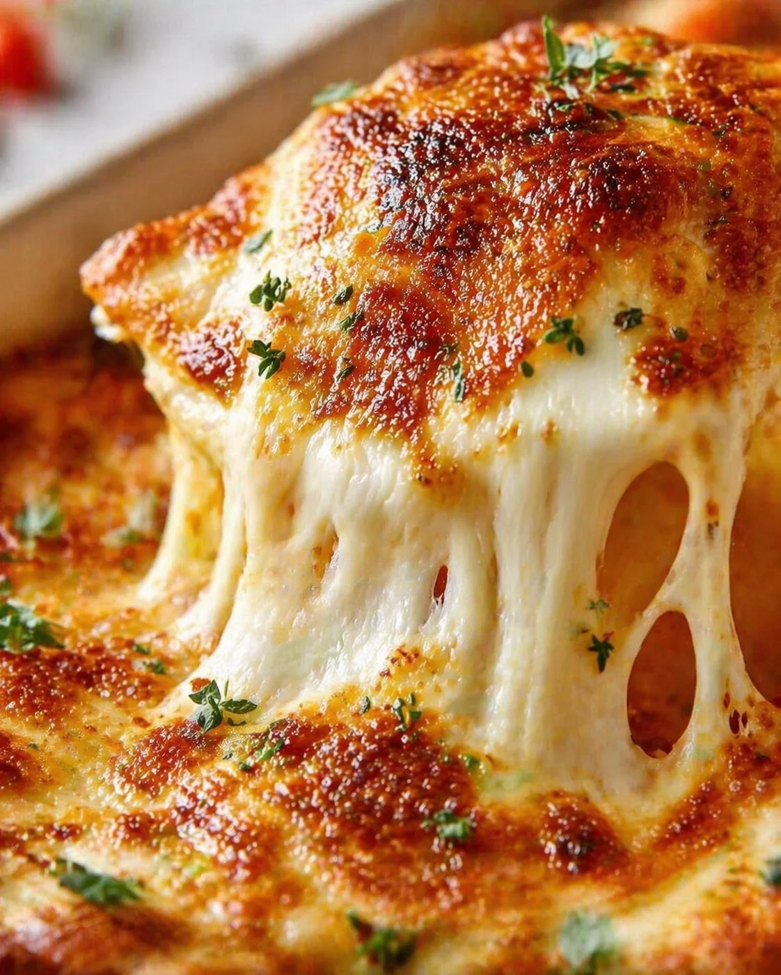 Close-up of a bubbling, golden-brown cheesy bake with stringy mozzarella and sprinkled herbs.