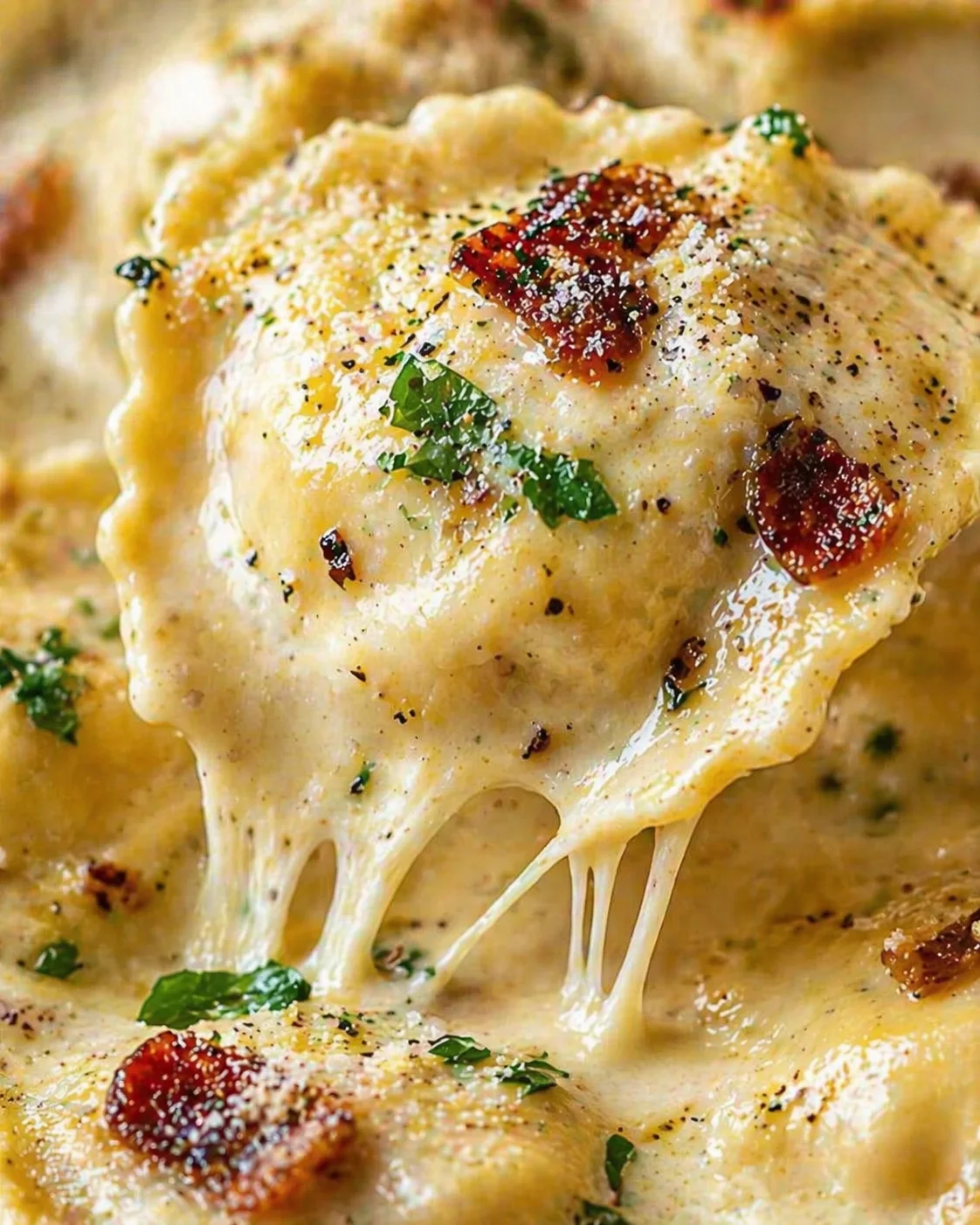 close-up of gooey melted cheese on a baked dish topped with sun-dried tomatoes and parsley
