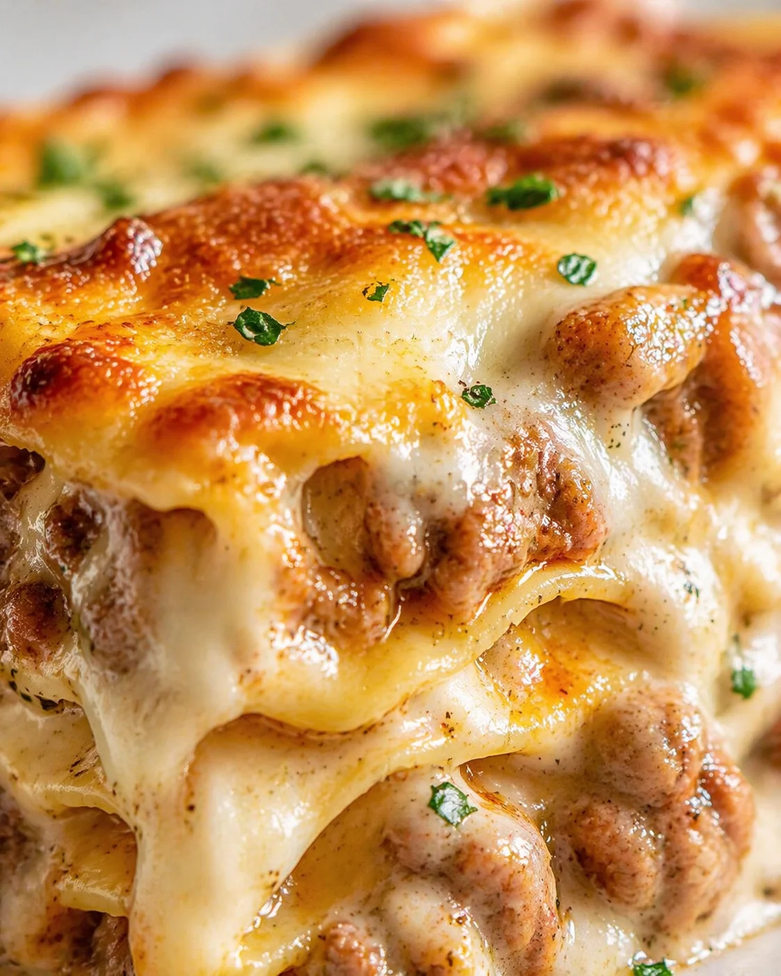 close-up of stacked lasagna with melted cheese, sausage, and parsley