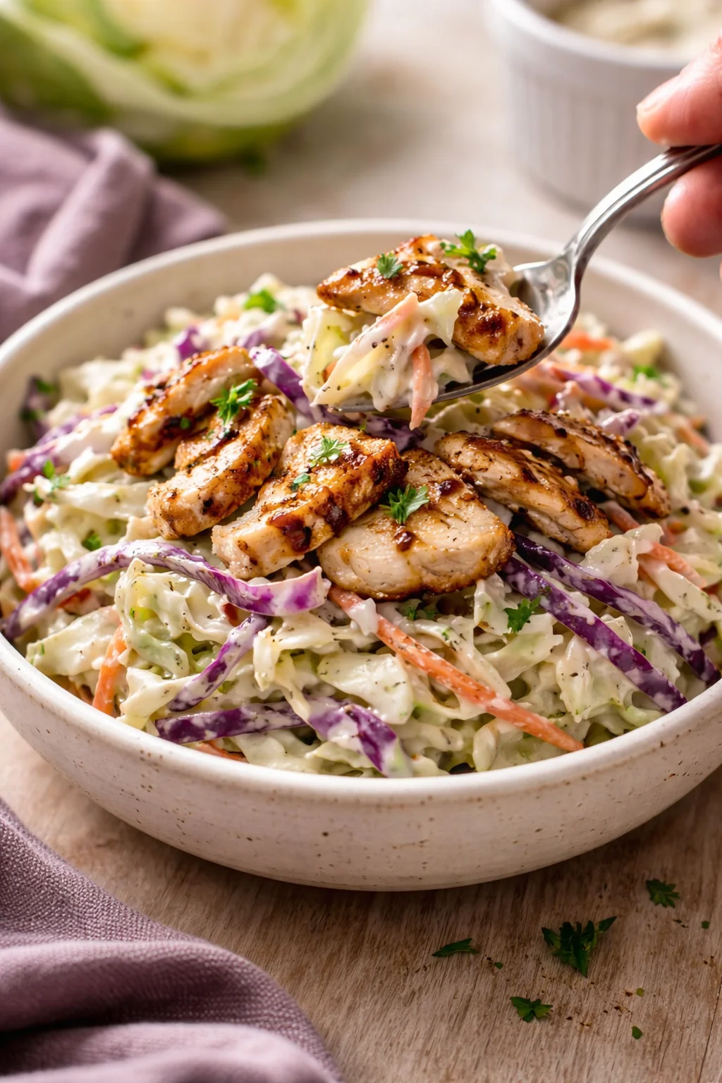 grilled chicken pieces atop creamy cabbage slaw in a speckled ceramic bowl, garnished with parsley