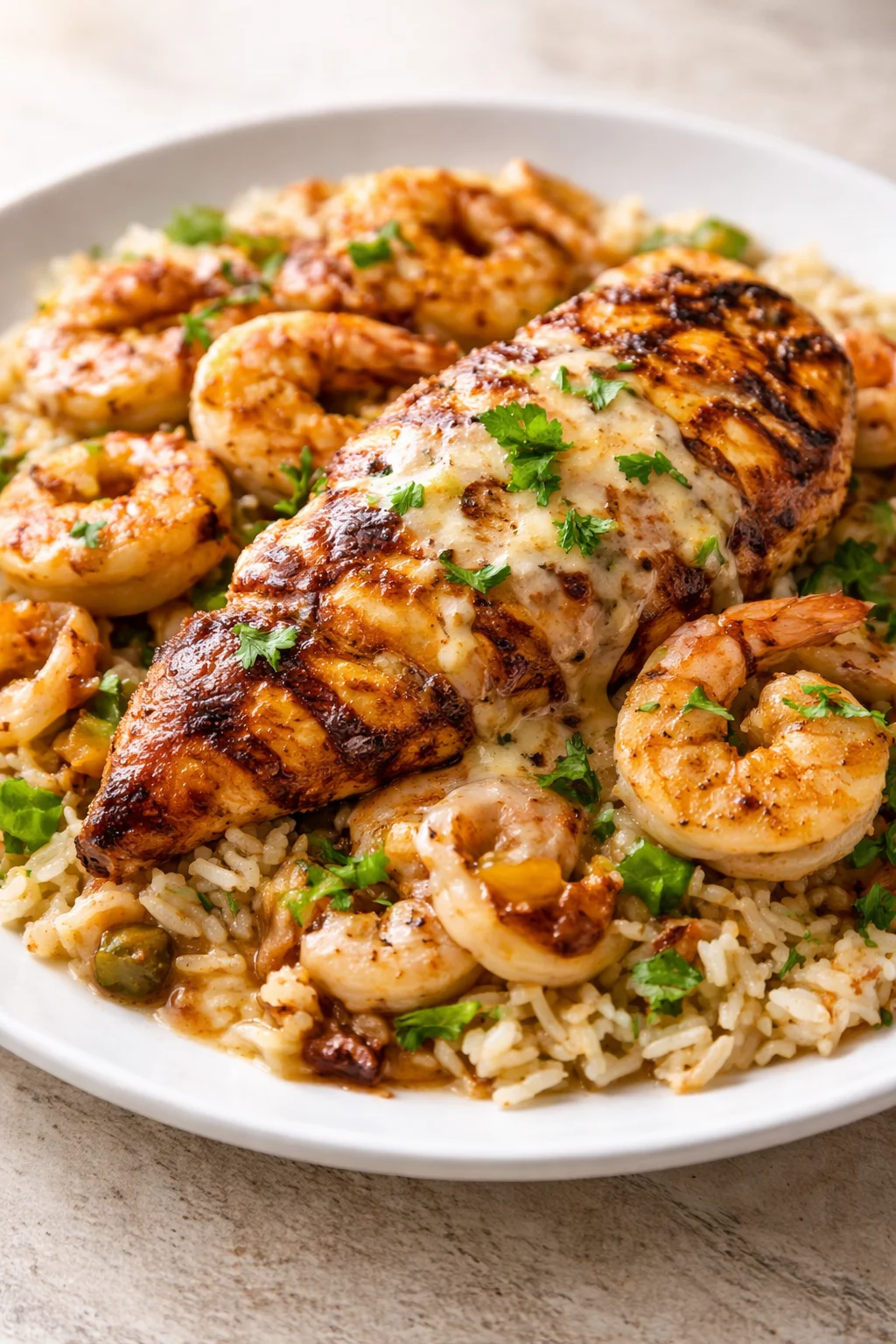 platter of grilled salmon with shrimp on seasoned rice, garnished with parsley