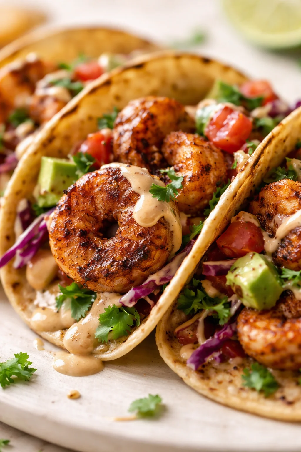 Two soft corn tacos filled with charred shrimp, avocado, red cabbage, tomato, cilantro, and creamy sauce