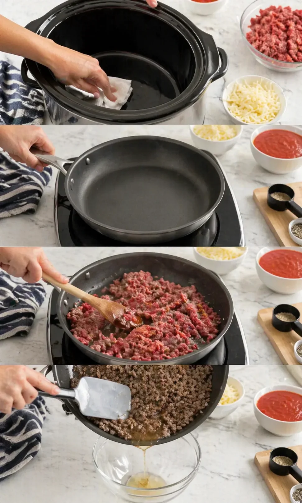 Collage of kitchen steps: wiping slow cooker, heating pan, browning ground beef, and adding sauce.