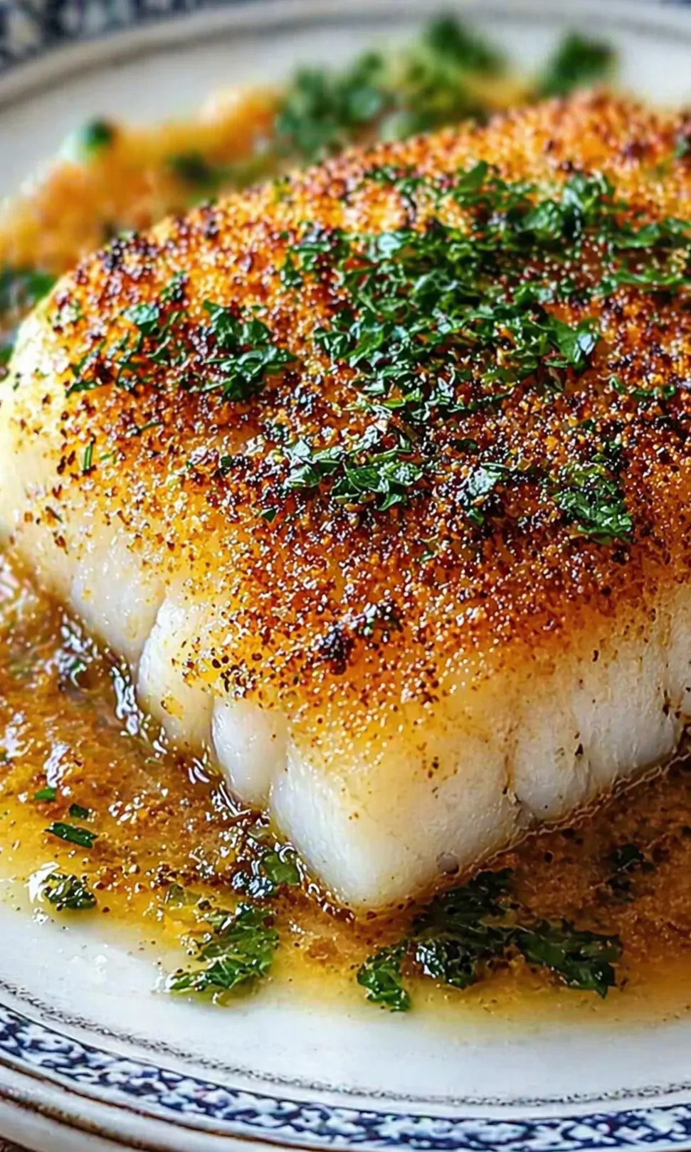 Close-up of a golden-brown herb-crusted roast with parsley on a decorative plate.