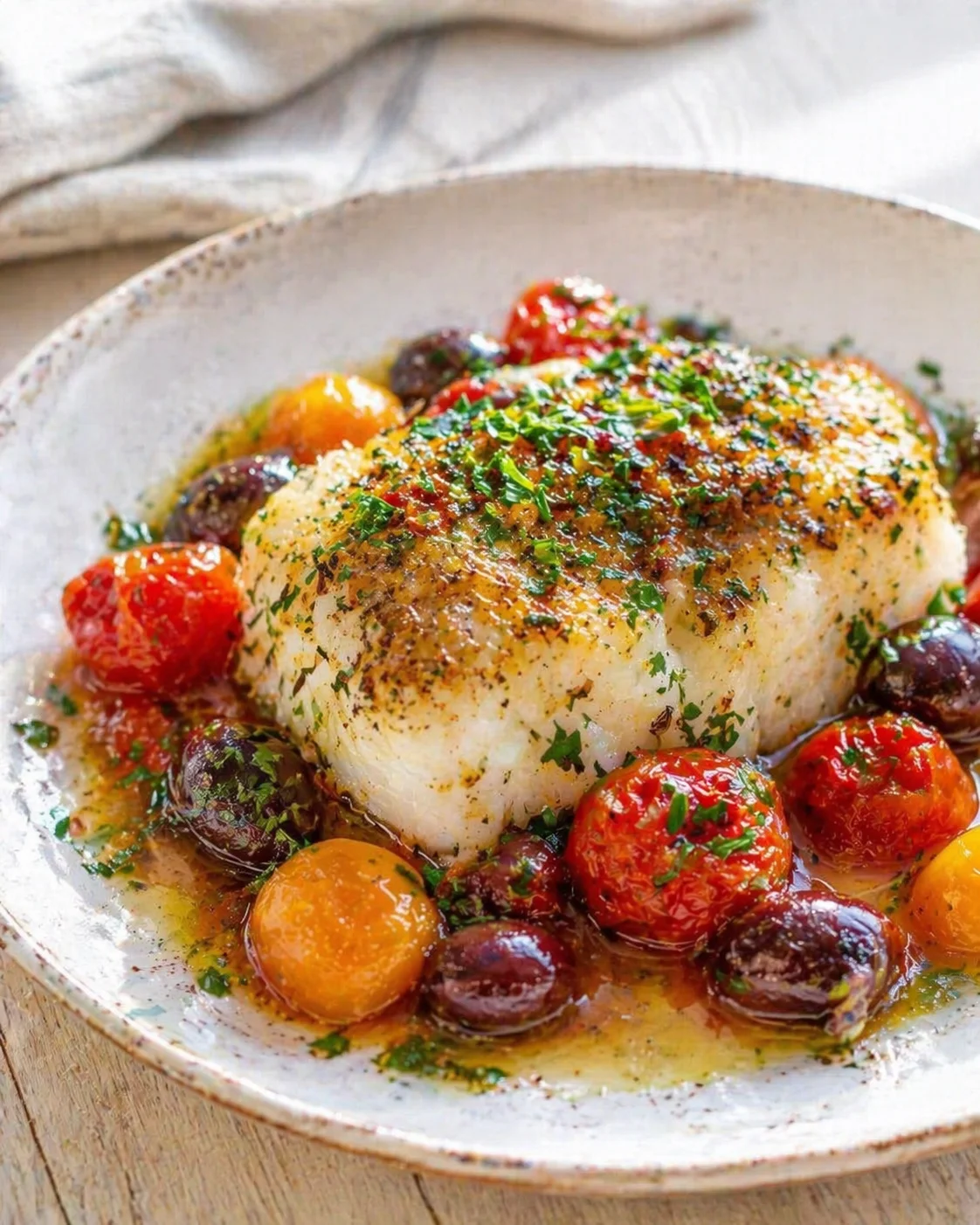 crisp herb-coated roast chicken with cherry tomatoes and olives in a shallow bowl