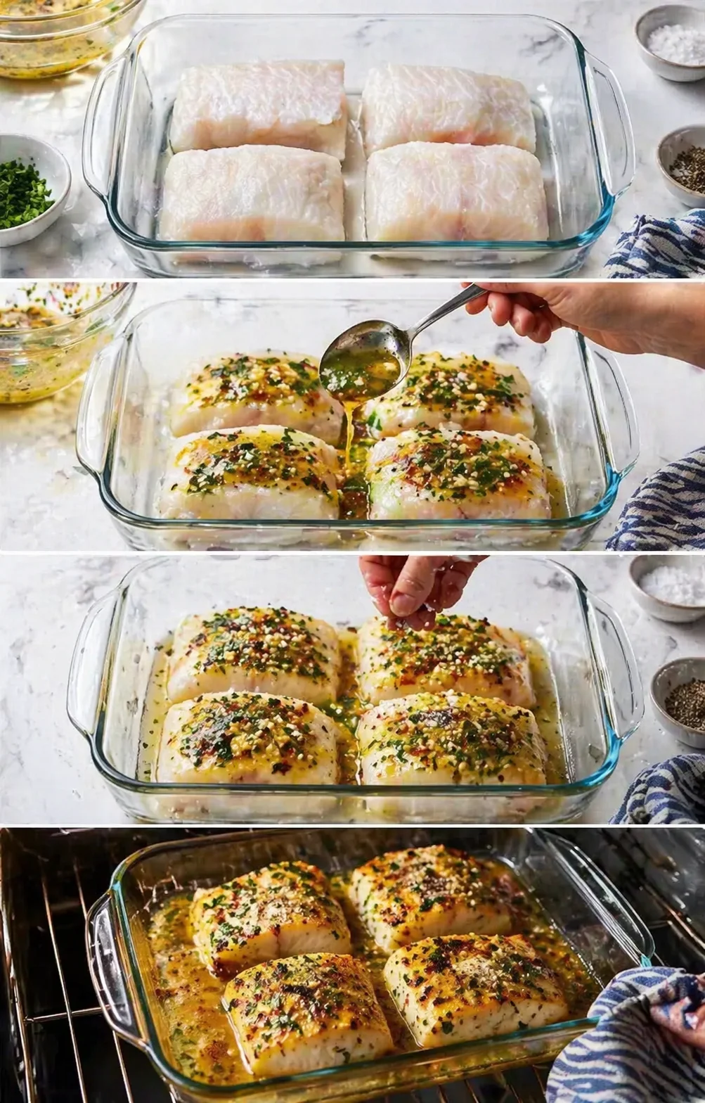 Four raw white fish fillets in a glass baking dish, ready for seasoning and baking.