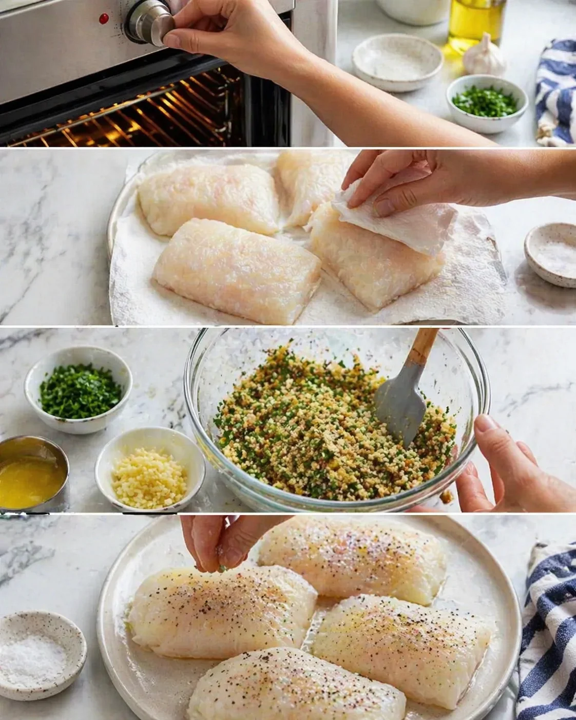step-by-step collage of chicken breasts being prepared: oven preheating, raw fillets, stuffing mixture, and seasoned breasts.