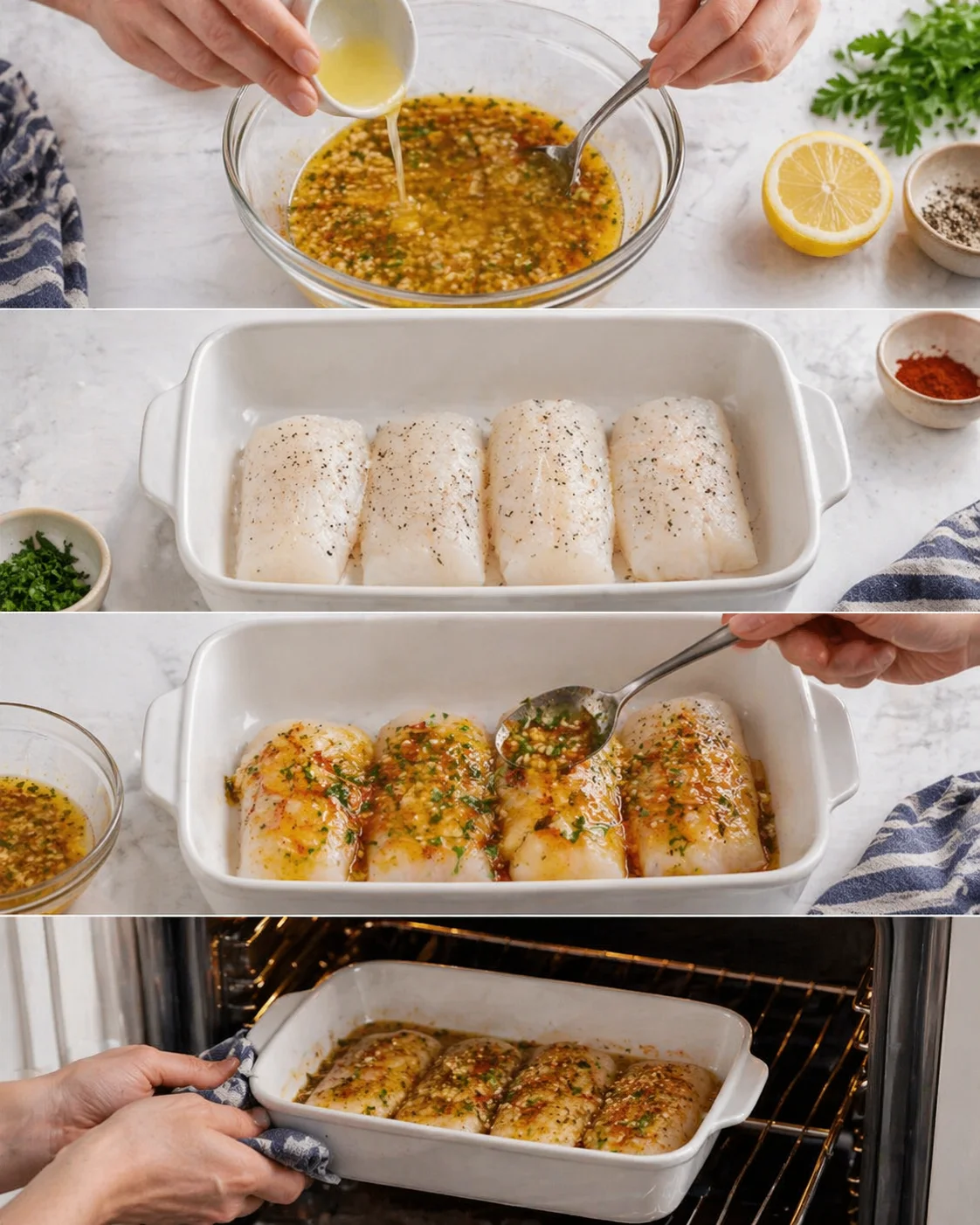 Step-by-step collage shows marinating sauce, four white fish fillets in a baking dish, and oven cooking.