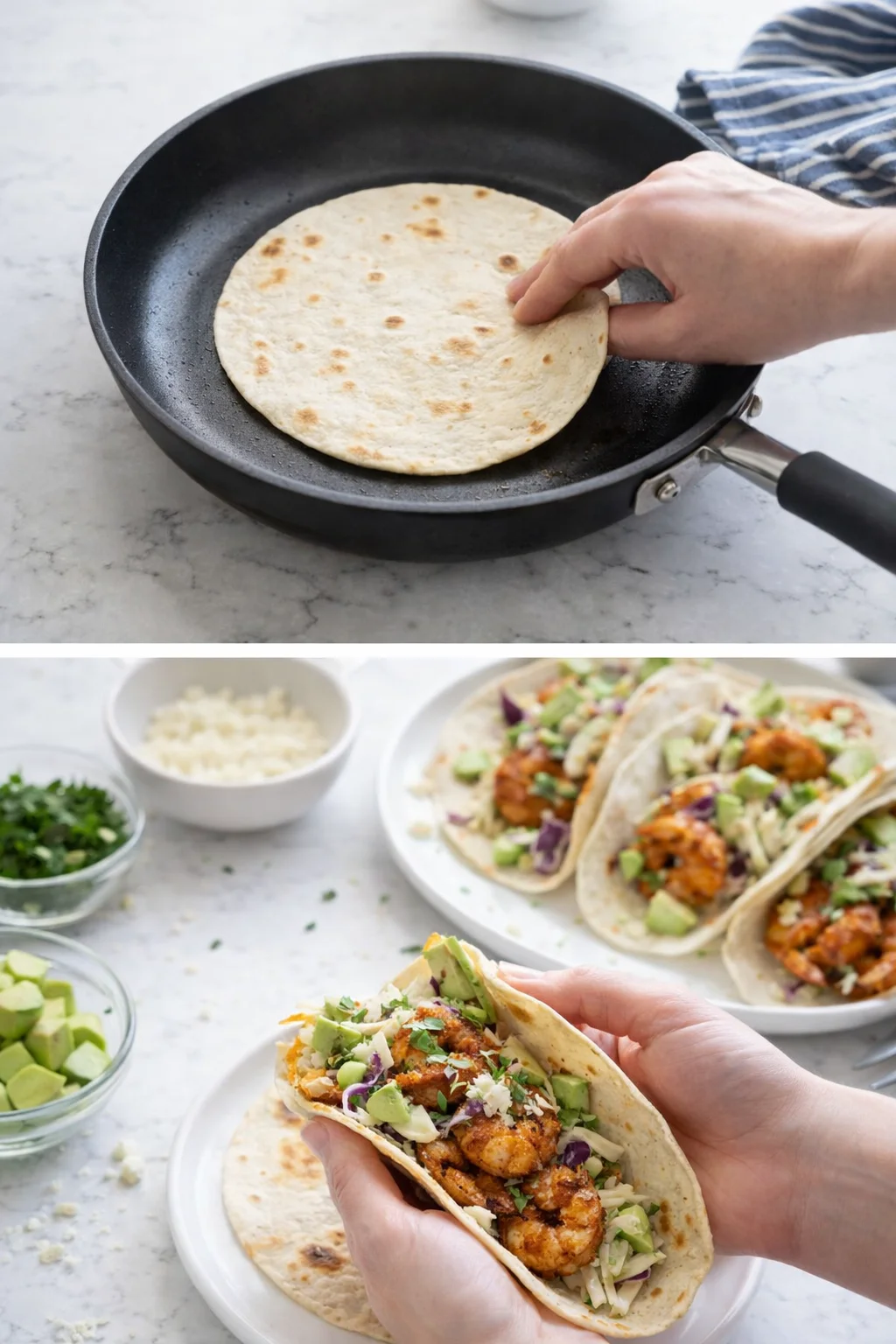 Two-panel kitchen scene showing warming tortilla in skillet and filled crispy chicken tacos with avocado and slaw.