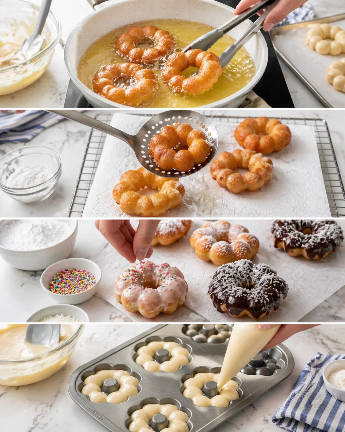 Collage of donuts being fried, drained, decorated with icing and sprinkles on a baking rack