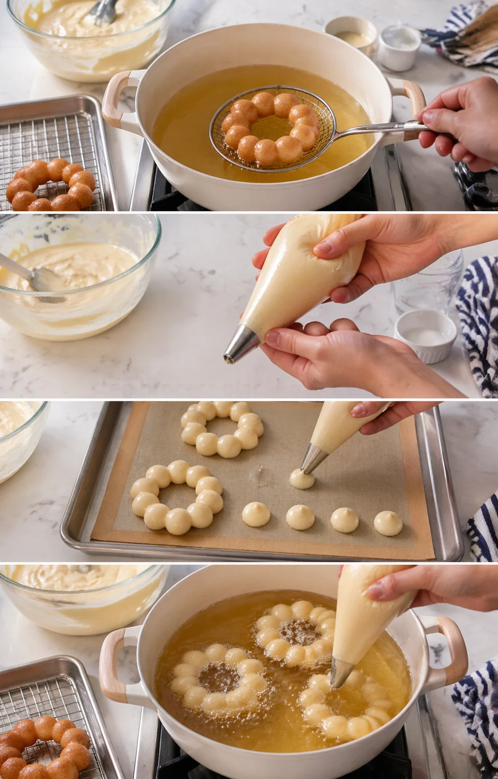 Four-panel collage of donut making: frying, piping batter, and shaping dough on a marble counter.