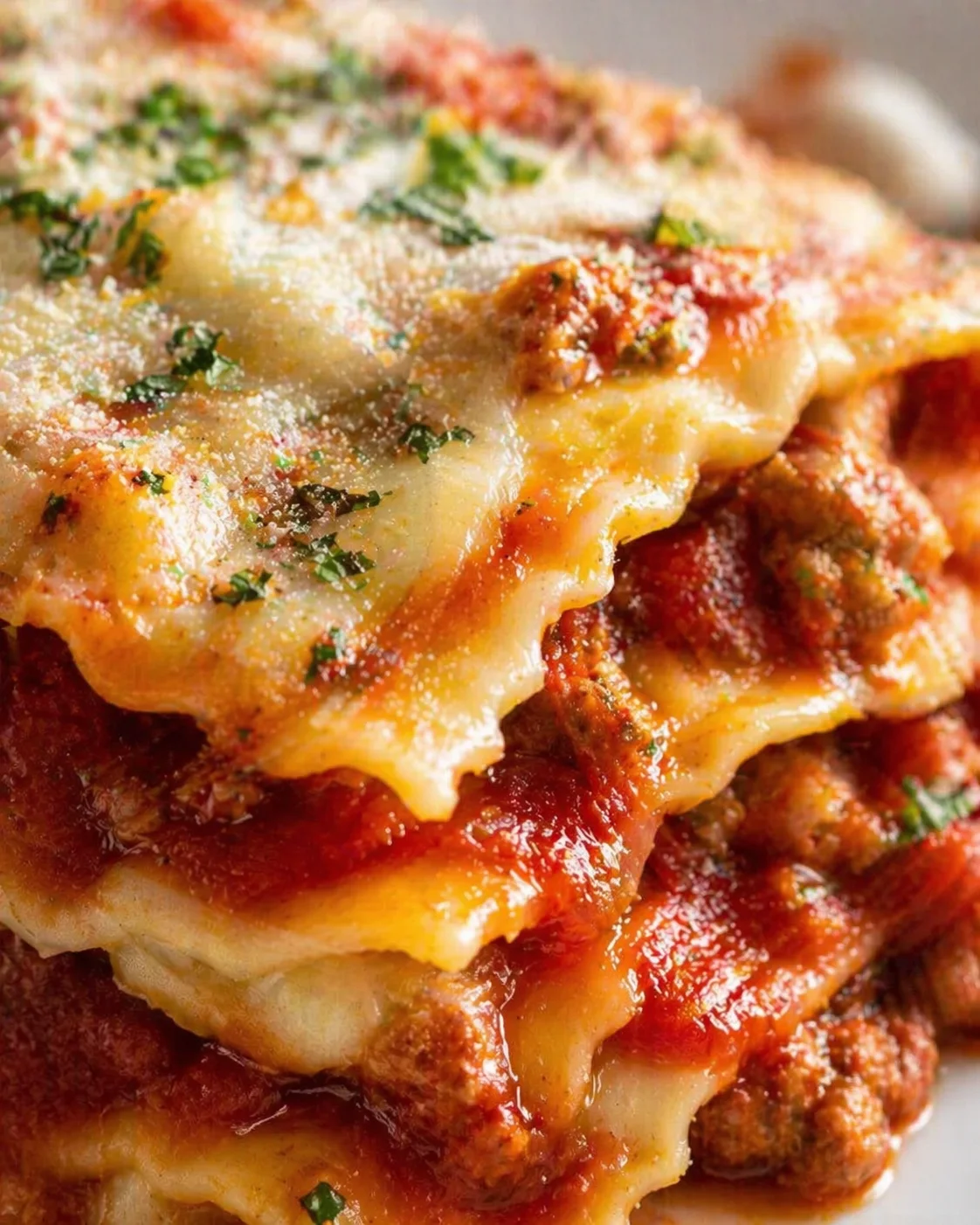 close-up of a cheesy lasagna with tomato sauce and sprinkled parsley