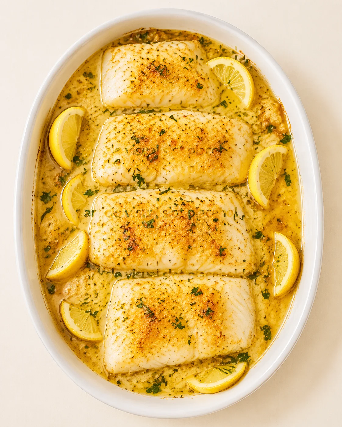 White fish fillets baked in lemon-butter sauce, topped with parsley and surrounded by lemon wedges.