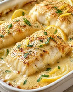 Three white fish fillets with a golden breadcrumb crust in a creamy lemon sauce, garnished with parsley and lemon wedges.