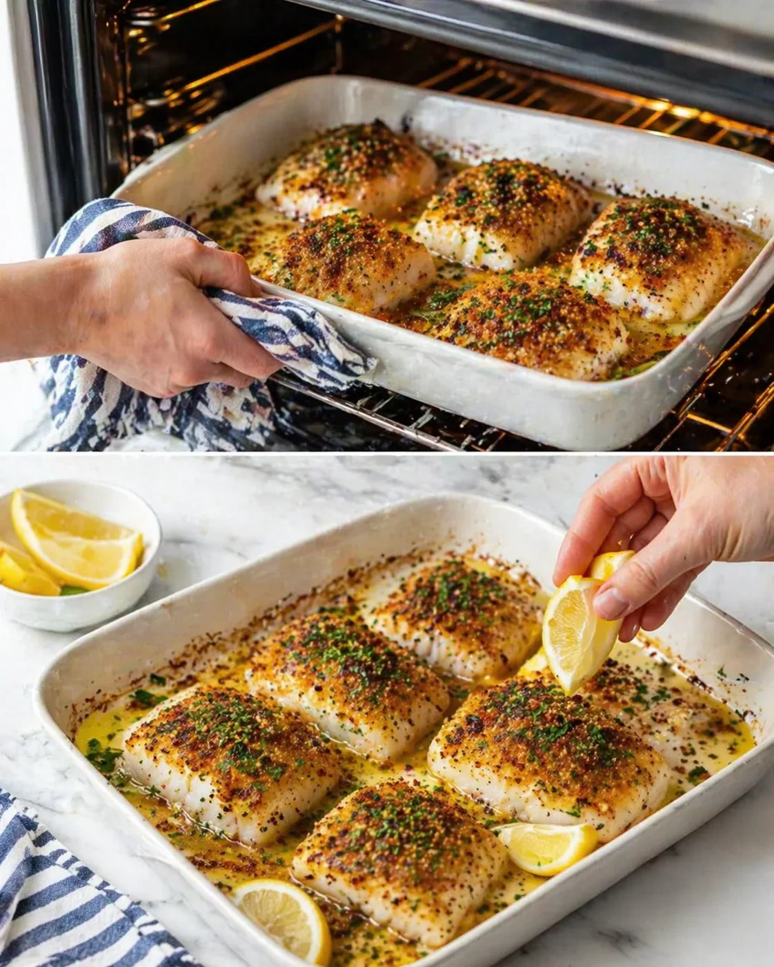 six herb-crusted white fish fillets baked in a lemon-butter sauce in a white ceramic baking dish