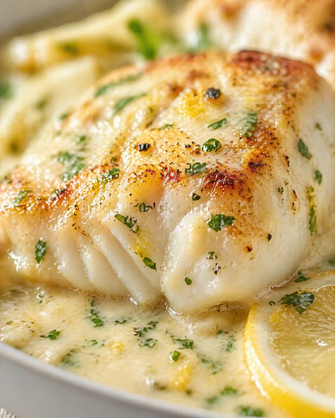 Close-up of seared white fish in lemon-butter sauce with parsley and lemon wedge