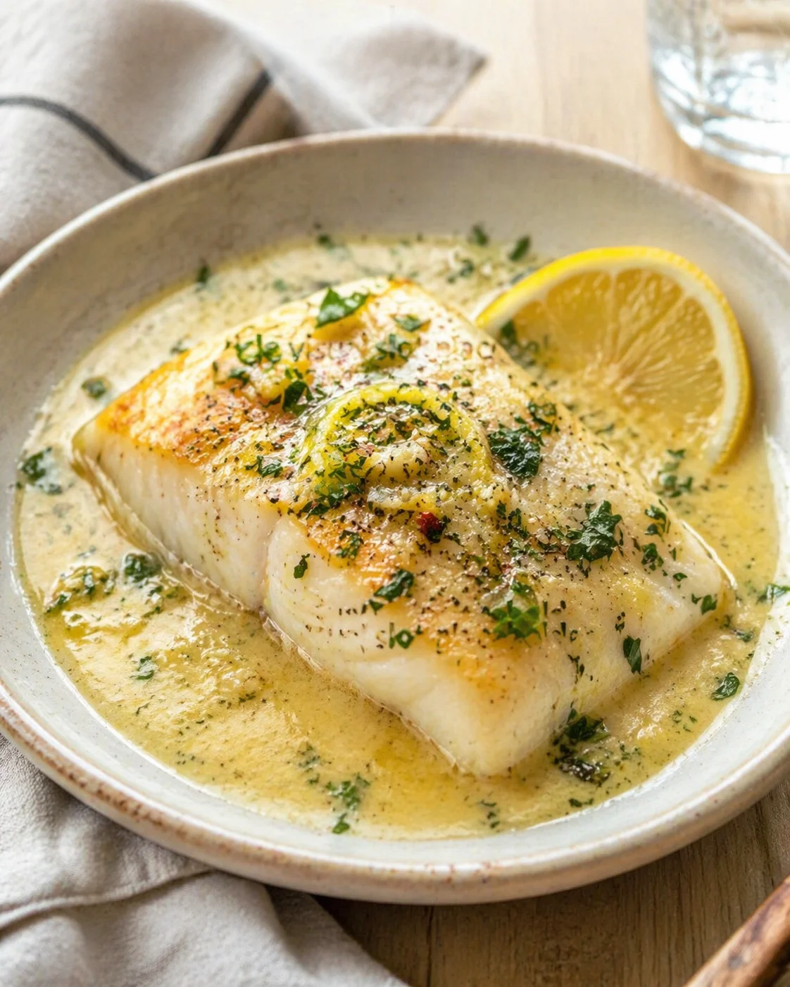 golden-seared white fish fillet in lemon-butter sauce with herbs and a lemon wedge