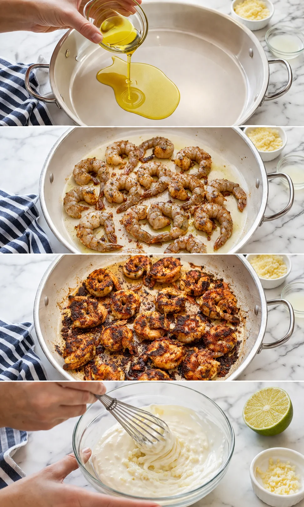 four-panel collage showing oil pouring, shrimp cooking, browning, and whisking cream