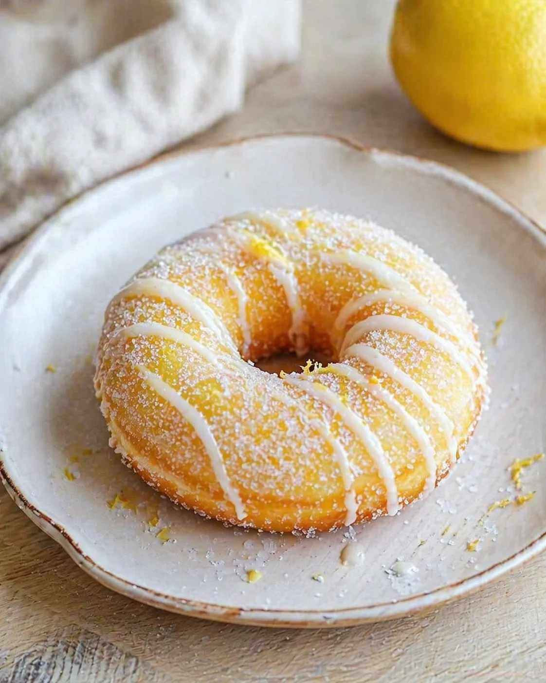 Yellow citrus-glazed ring donut dusted with sugar on a white ceramic plate.