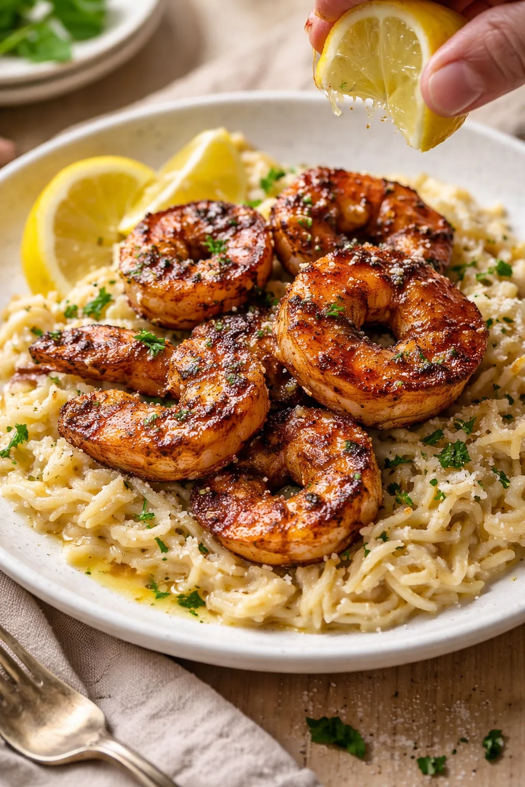 Creamy risotto topped with seared shrimp and lemon wedges on a white plate.