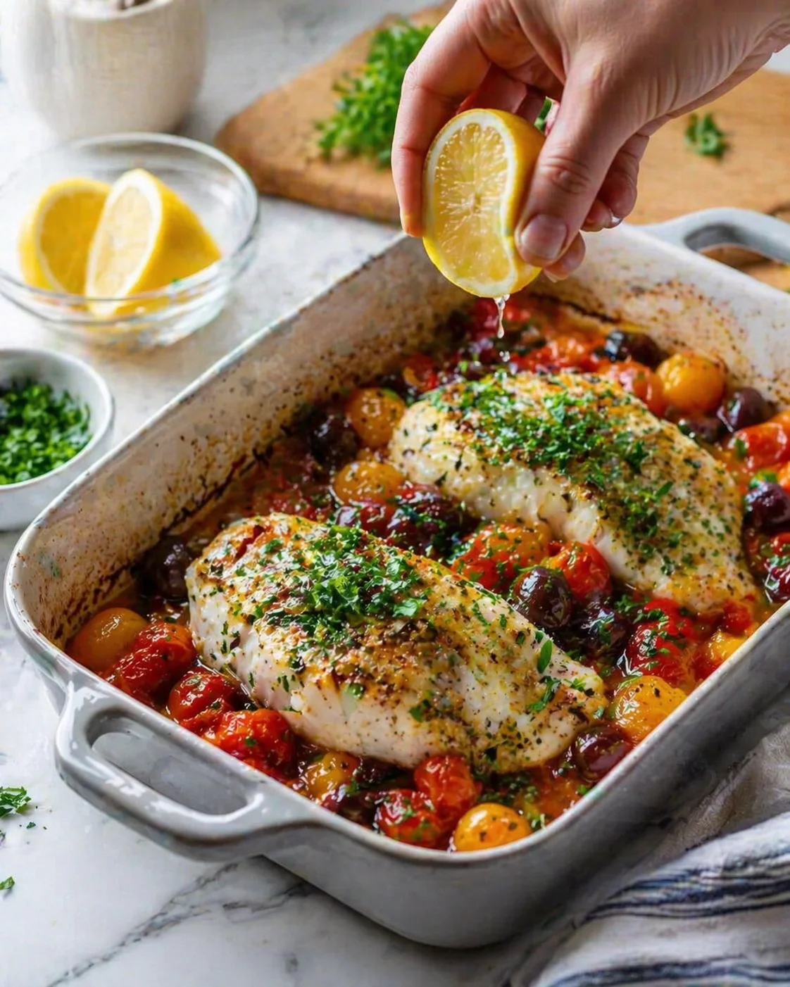 Two herb-crusted fish fillets in a baking dish with tomatoes, olives, potatoes, as lemon is squeezed over.