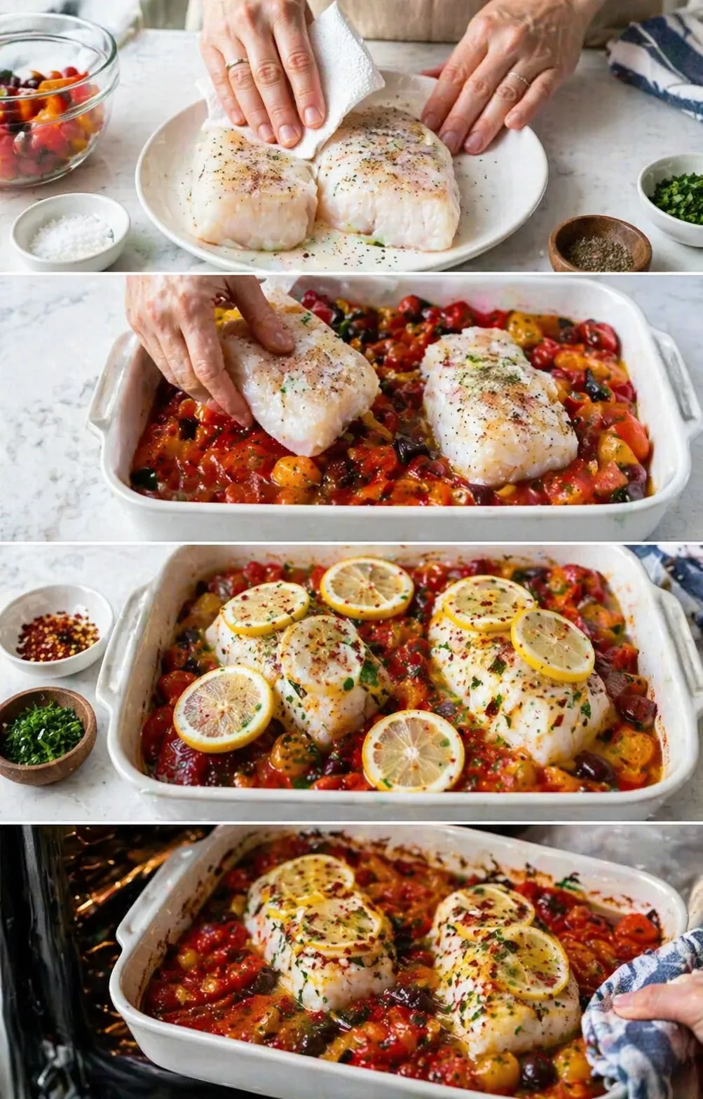 collage showing hands preparing and baking fish on a colorful vegetable medley with lemon slices