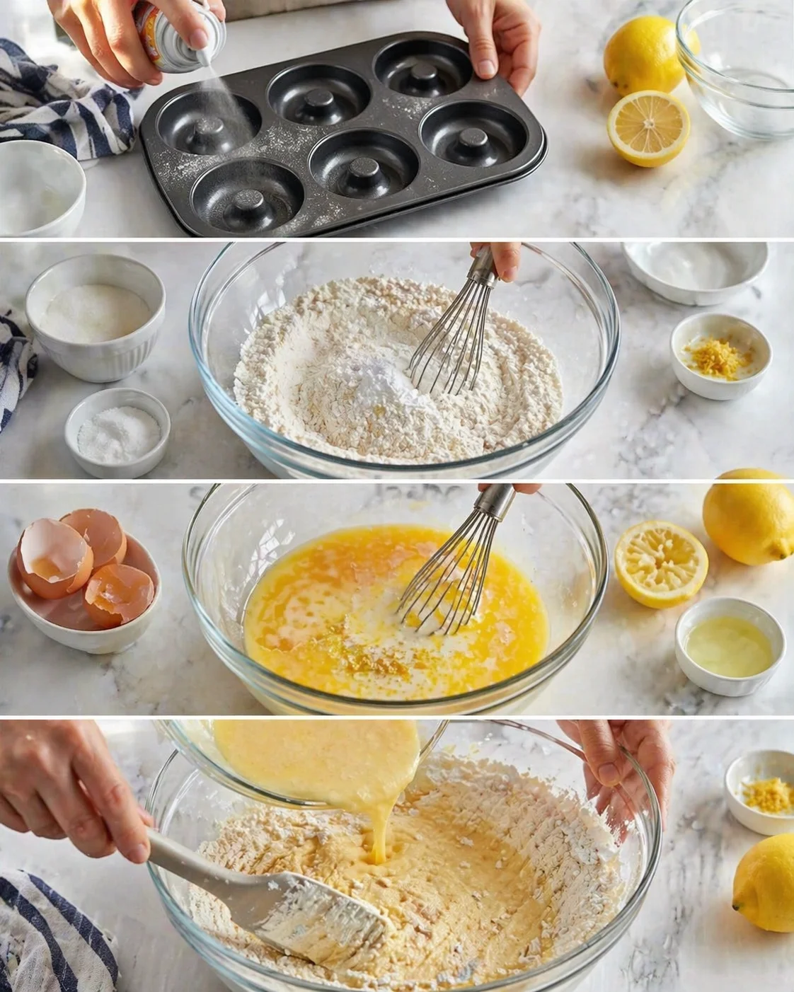 Collage showing muffin-pan prep, dry ingredients, eggs whisking, and batter being mixed with lemon accents.