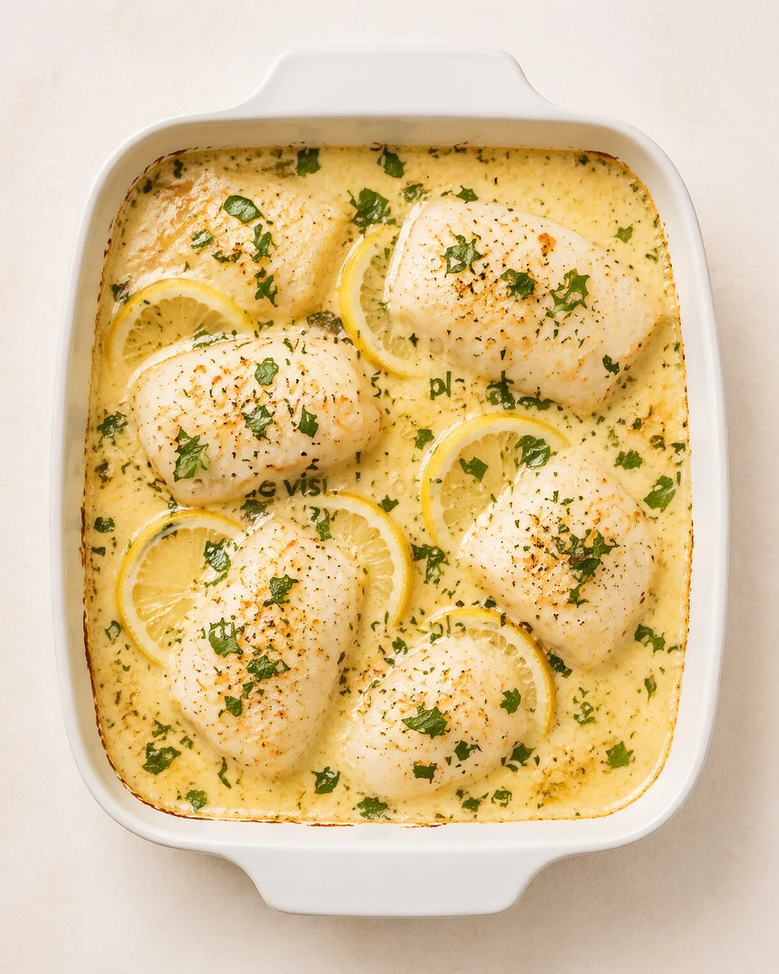 six chicken breasts in a creamy lemon-parsley sauce, garnished with lemon slices in a white casserole.