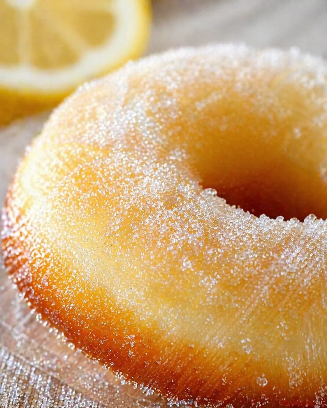 Macro view of a sugared doughnut with a lemon wedge in the blurred background.
