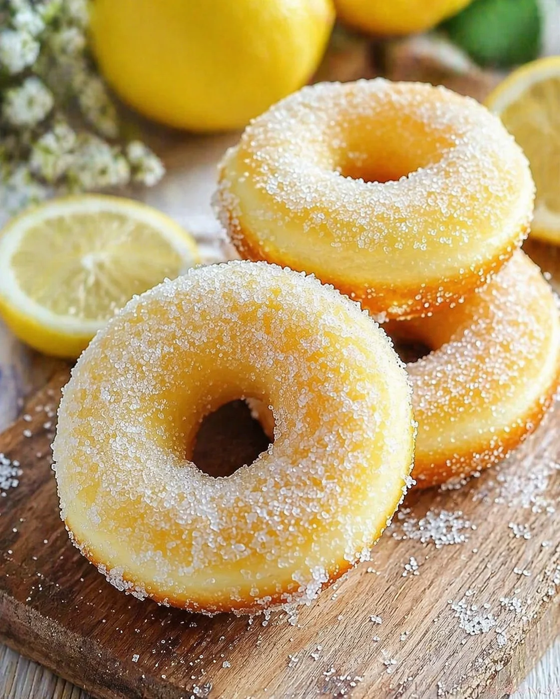 golden sugar-dusted donut rings on a wooden board with lemon slices in the background