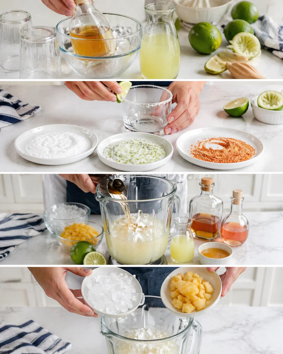 collage of cocktail-prep steps: citrus juicing, glass-rimming, spices, blender mix, ice and fruit