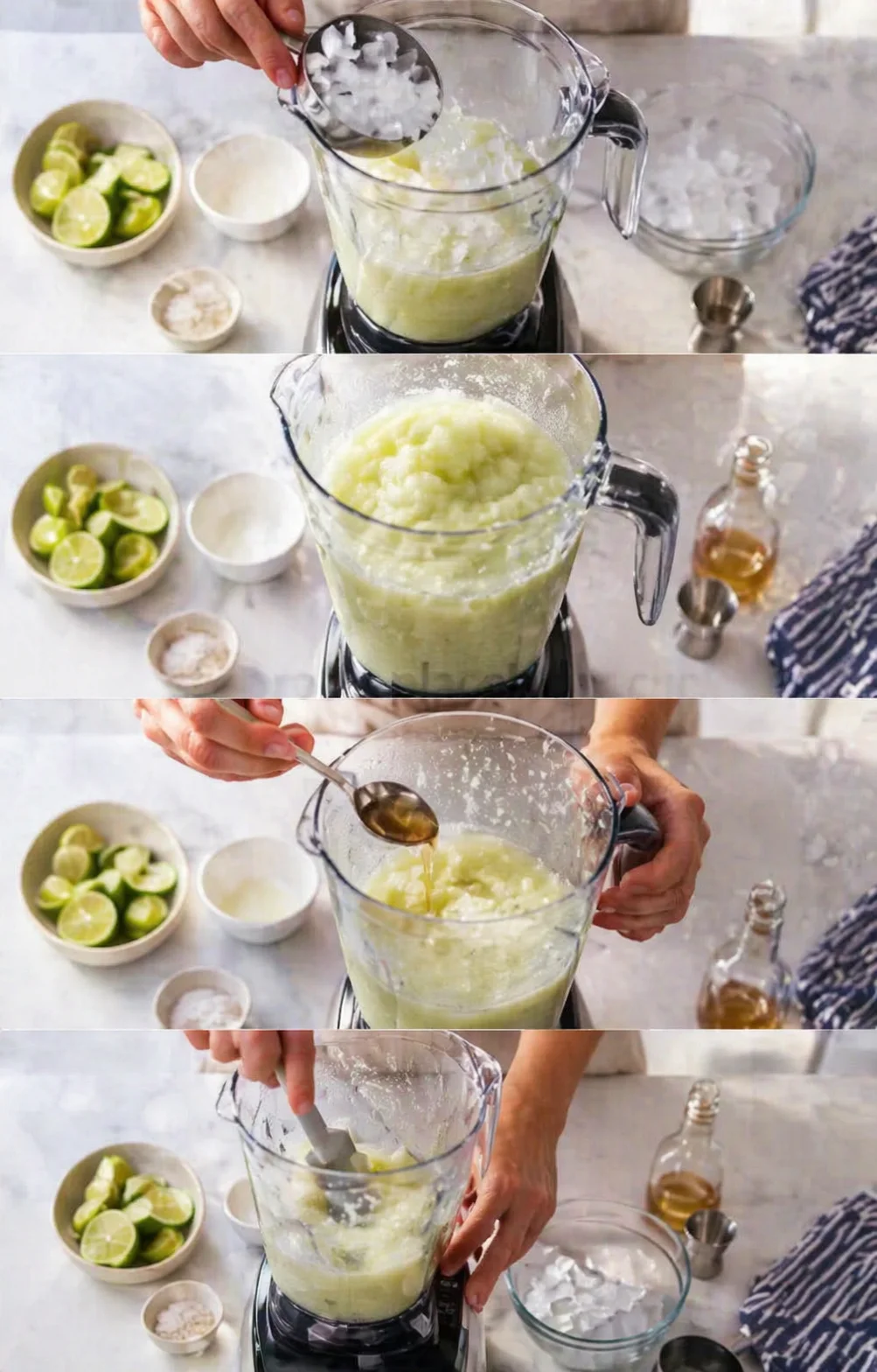 Four-panel shot of a blender with a pale green lime granita mixture, hands adding ice and syrup.
