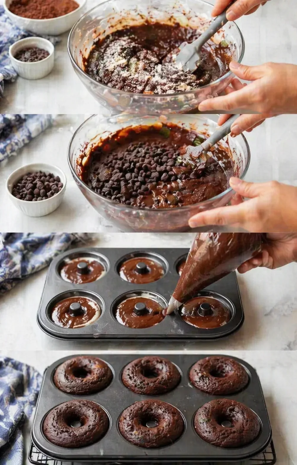 Collage of hands mixing chocolate batter, sprinkling chips, and piping batter into muffin-tin donuts.