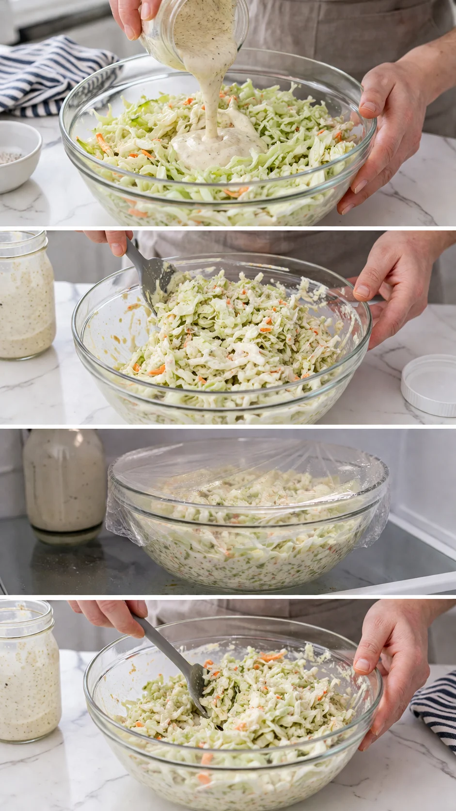 A person pours creamy coleslaw dressing over shredded cabbage and carrot in a glass bowl.