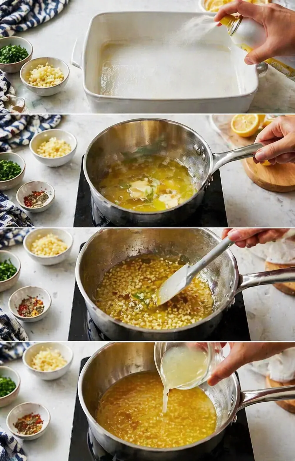 A collage showing prep bowls, melting butter, and lemon juice being mixed on the stove.