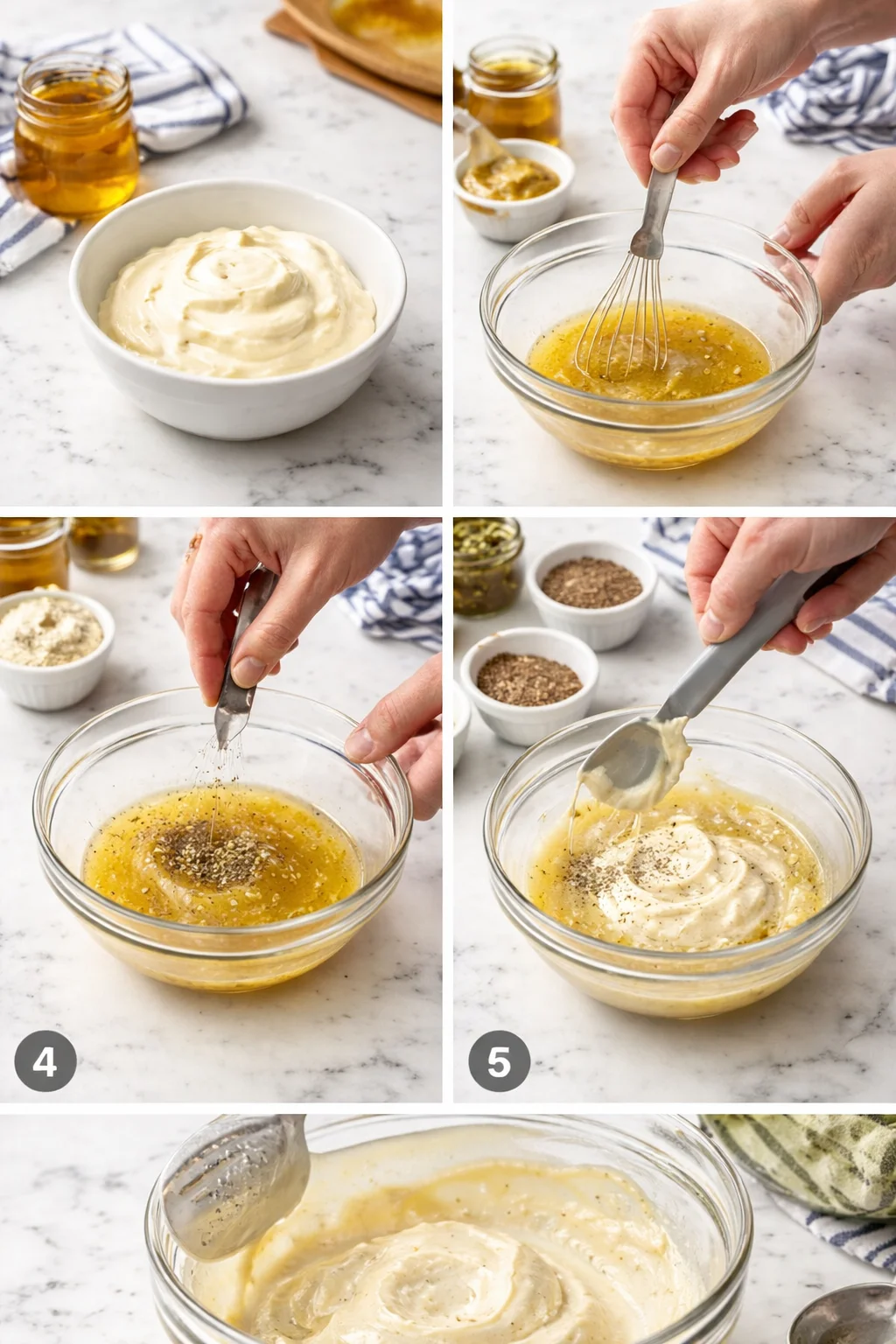 collage of step-by-step mayonnaise making: bowls of yolk-based mixture, whisk, oil, and seasonings