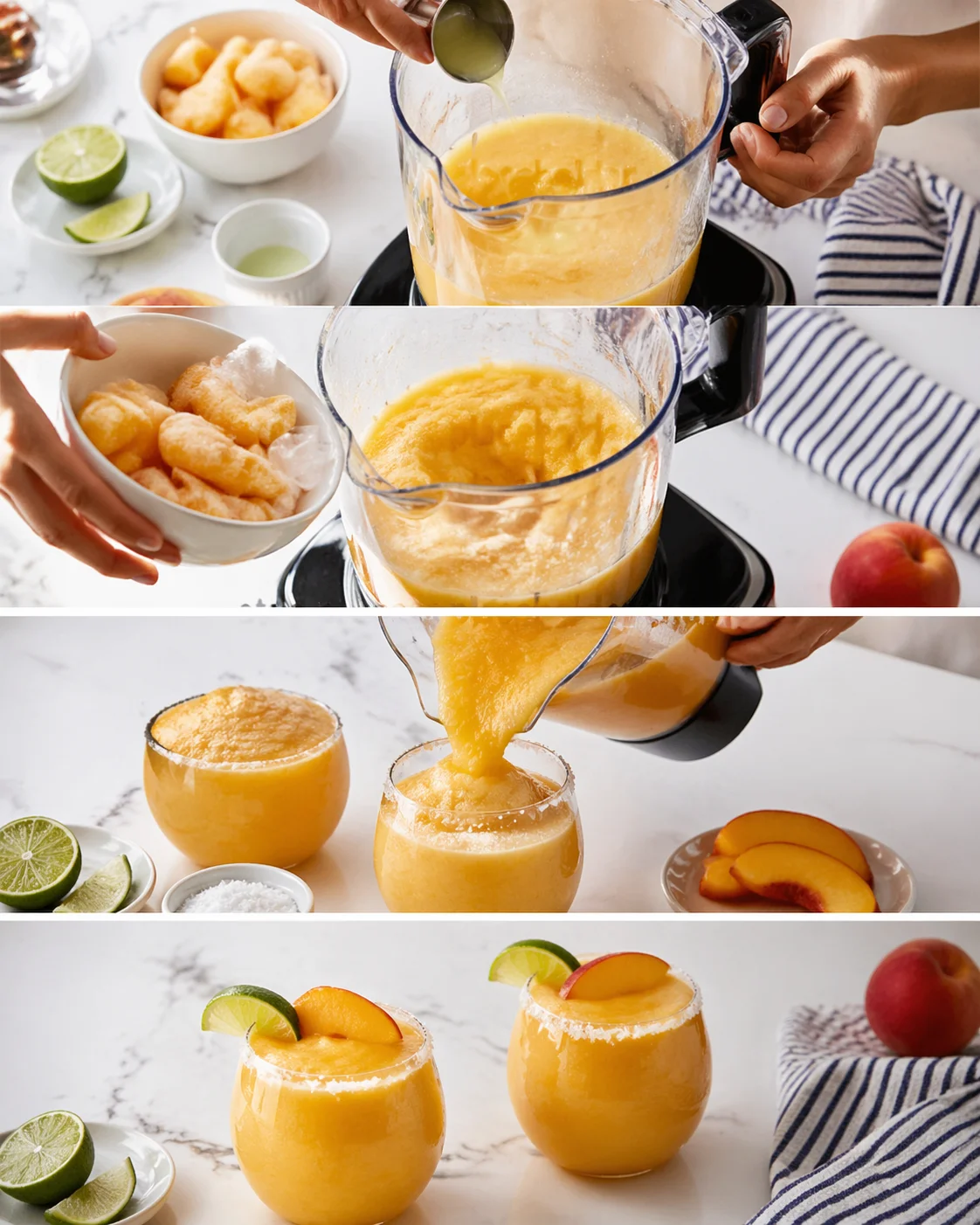 Four-panel collage showing mango prep and finishing drinks with lime and peach garnishes
