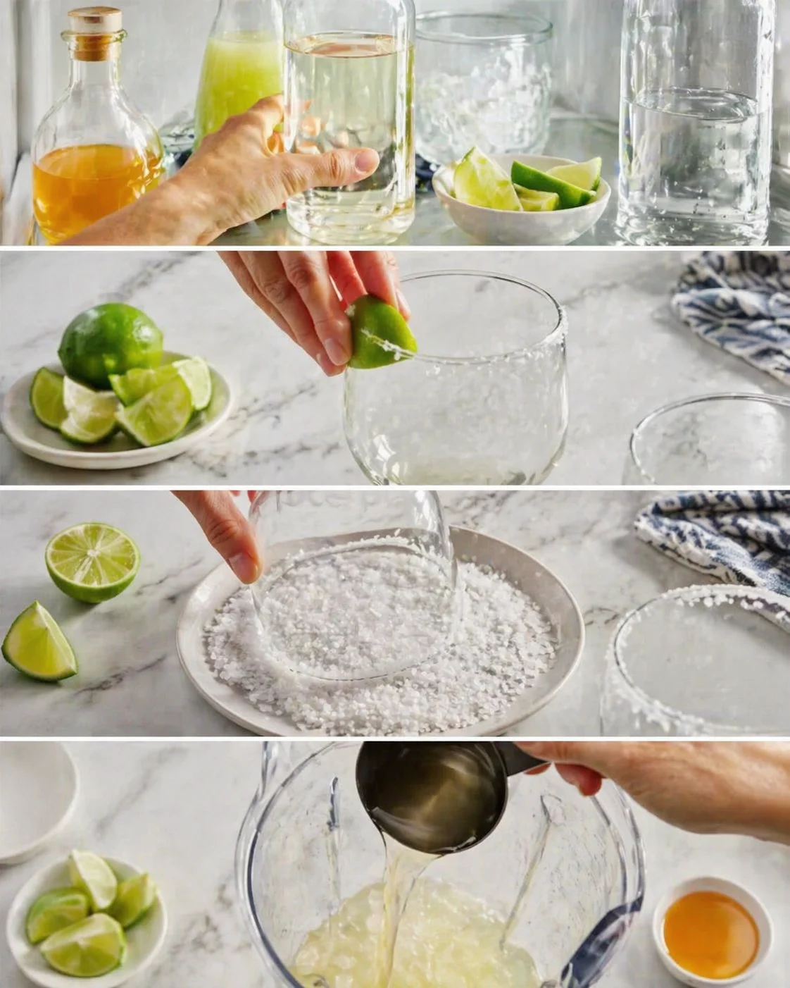 Step-by-step collage showing lime squeezing, salt rim, and blending for a margarita