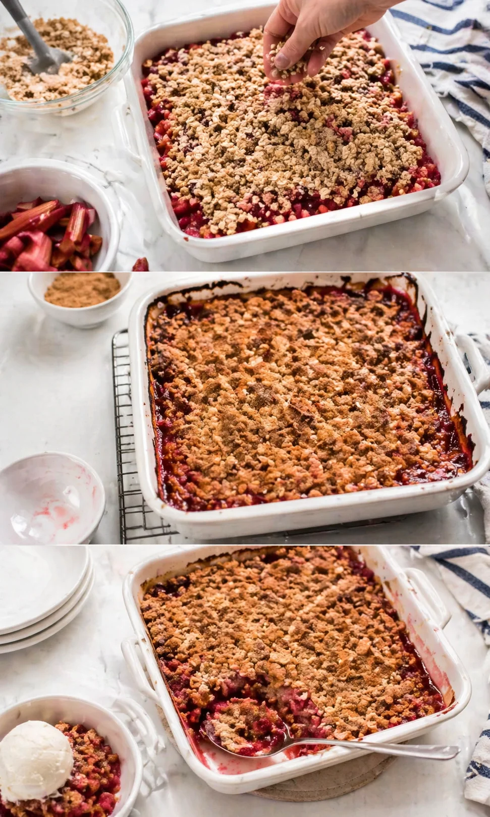 three-panel collage showing berry crumble being assembled and baked in a white baking dish