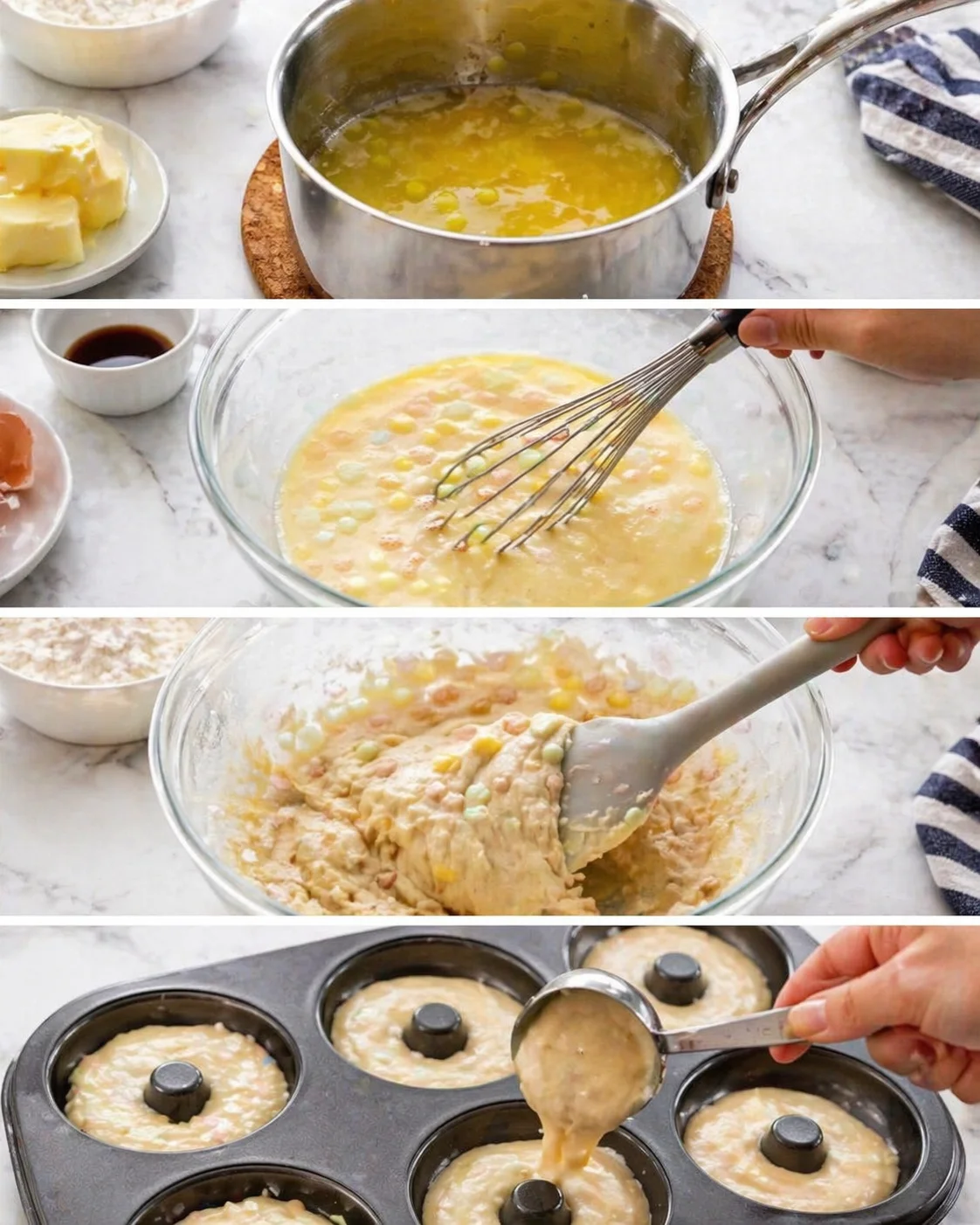 four-panel collage of muffin-batter prep: melted butter, whisked eggs, pastel batter, and filling muffin tins