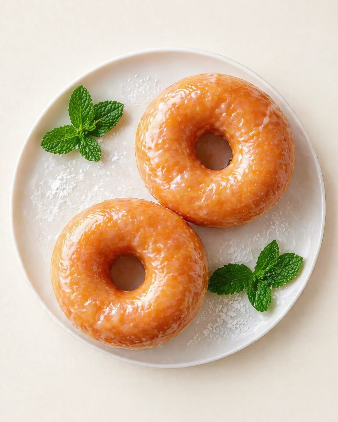 Two glossy orange-glazed donuts on a white plate with fresh mint leaves
