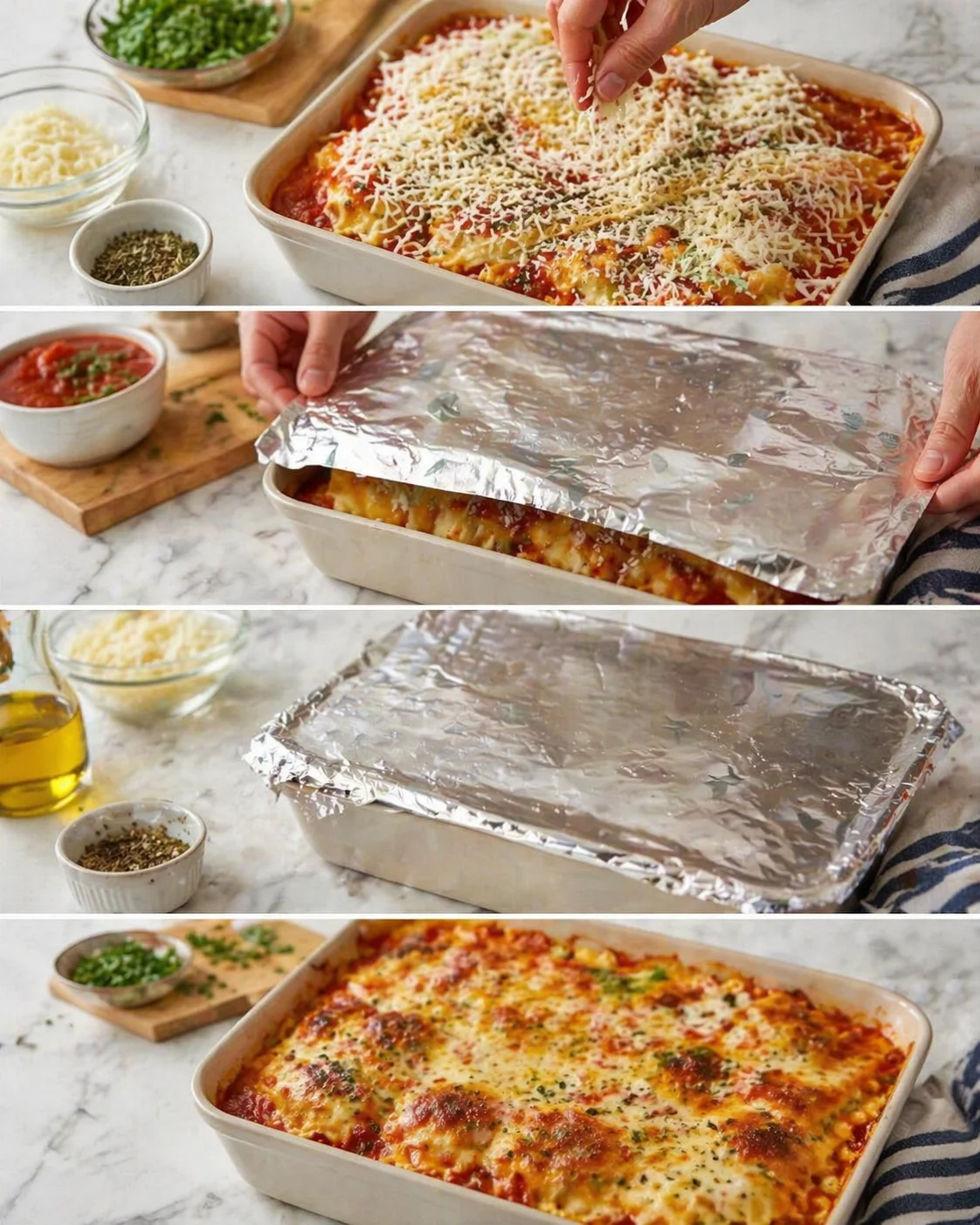 collage showing lasagna prep: adding cheese, covering with foil, and final baked dish.