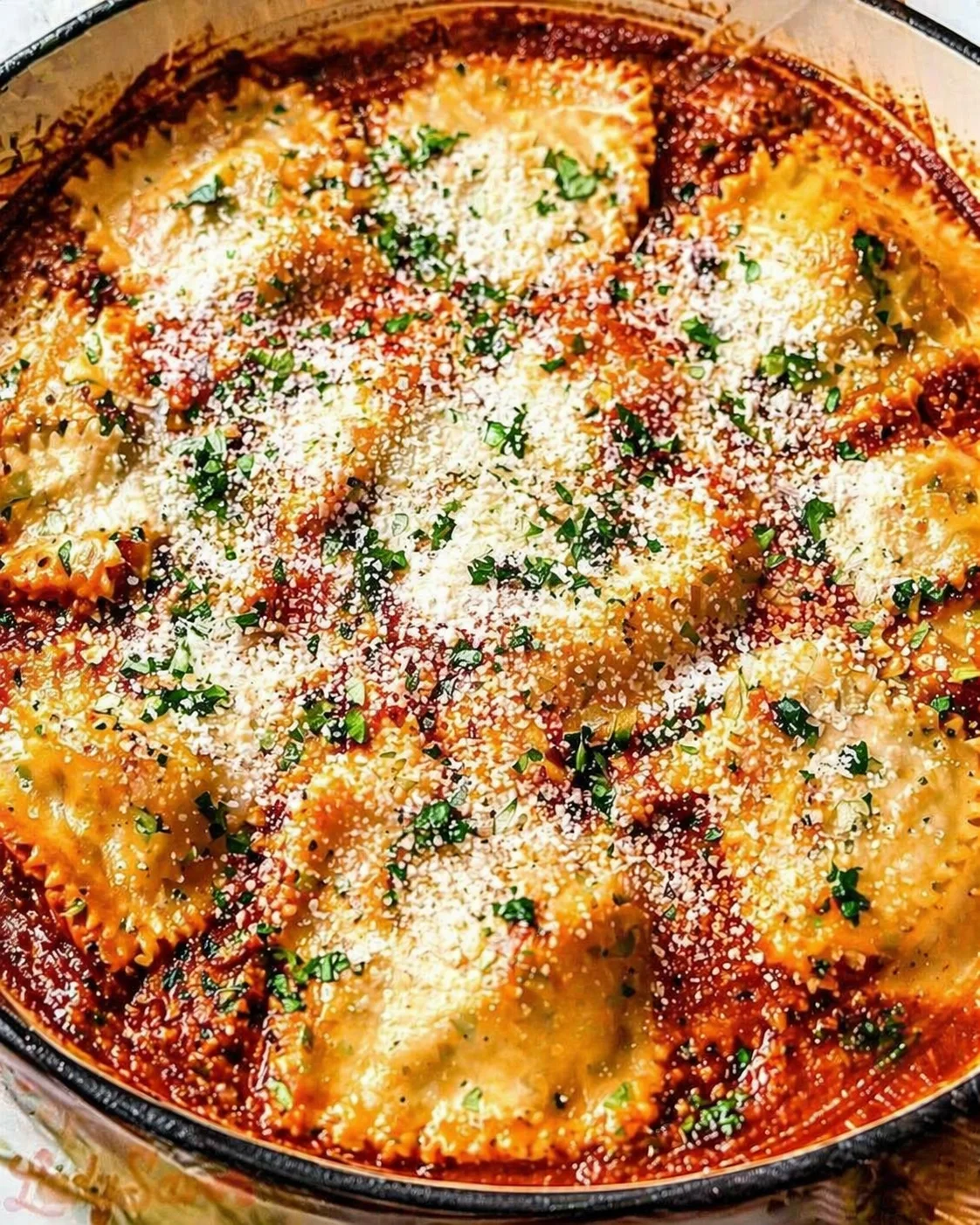 Oven-baked ravioli in a skillet topped with grated cheese and parsley