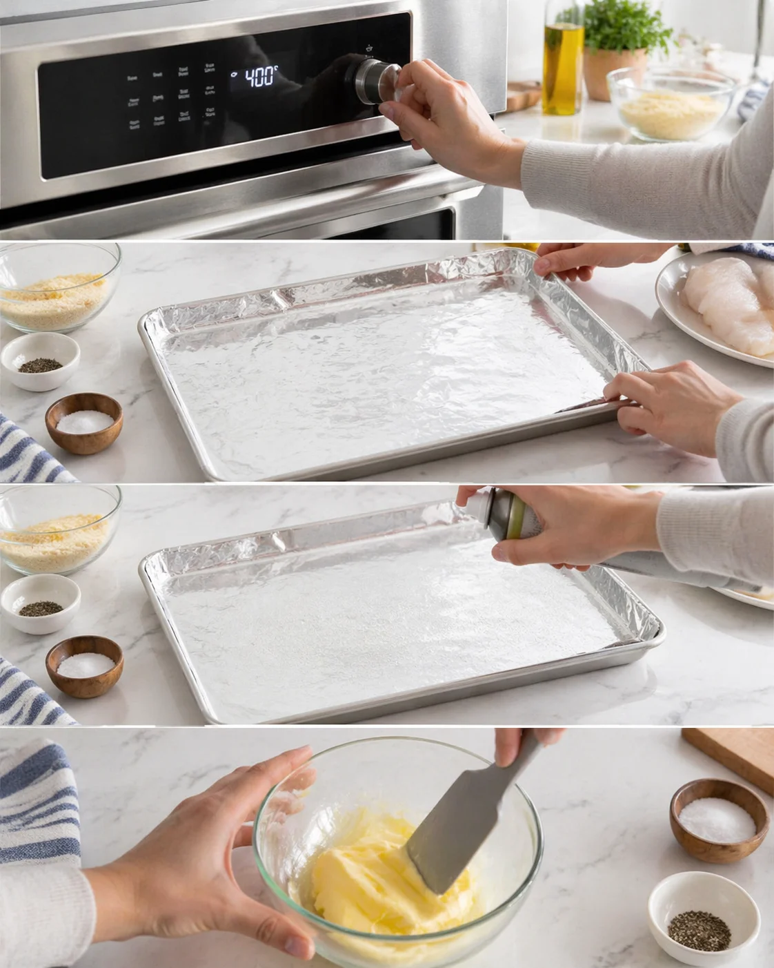 Four-panel kitchen prep: oven set to 400°F, foil-lined tray, spices, and creaming butter in a glass bowl.