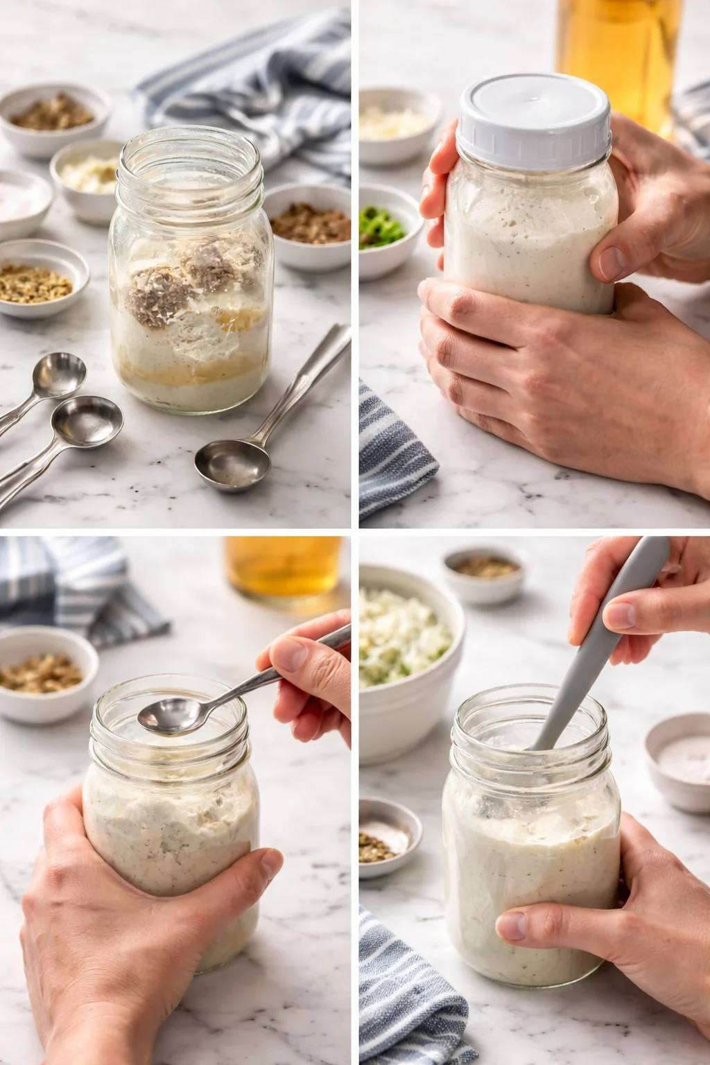 Four-panel collage of a mason jar with creamy mixture, hands sealing and stirring, with toppings in bowls.